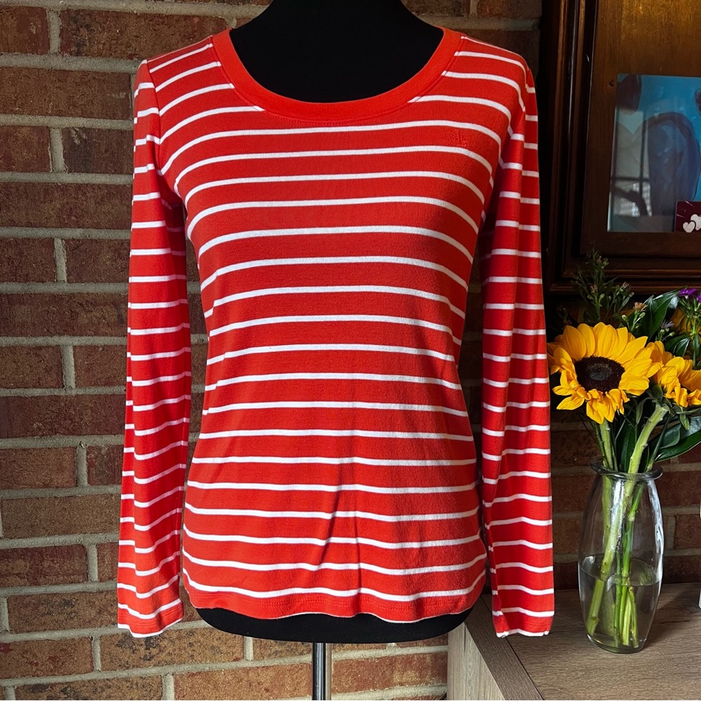 Lauren Ralph Lauren Women M Long Sleeve Orange & White Stripe Knit Top EUC